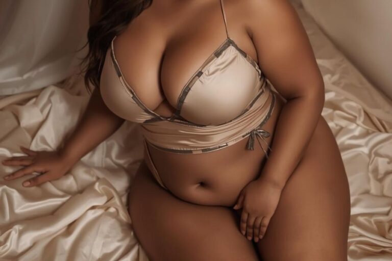 an image of a plus sized BBW lady with tanned skin in a grey silk lingerie set