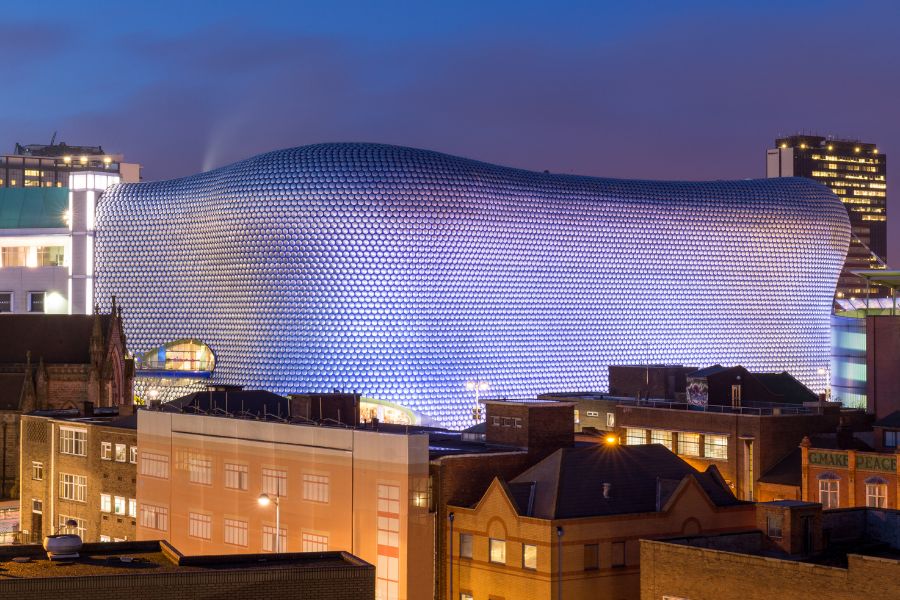 Birmingham city centre skyline at night featuring Selfridges building