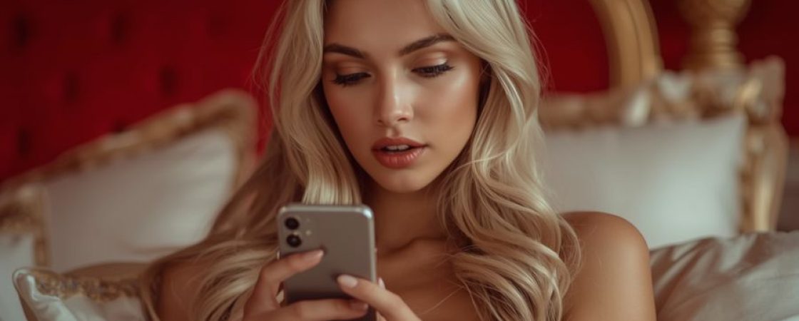 Blonde escort using smartphone in luxury bedroom setting Birmingham escort agency concept